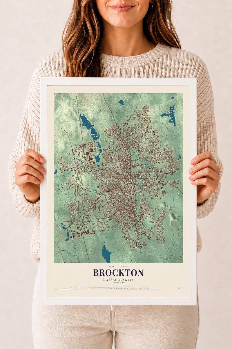Brockton, Massachusetts map print - 12 x 18 white Ayous wood frame