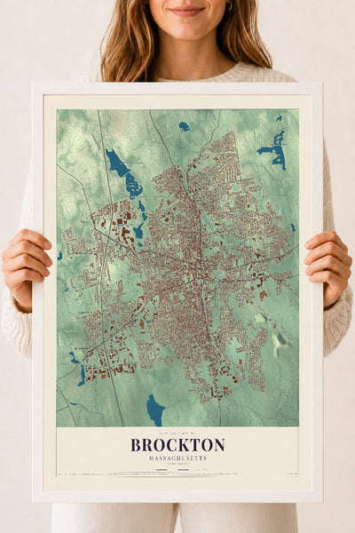 Brockton, Massachusetts map print - 18 x 24 white Ayous wood frame