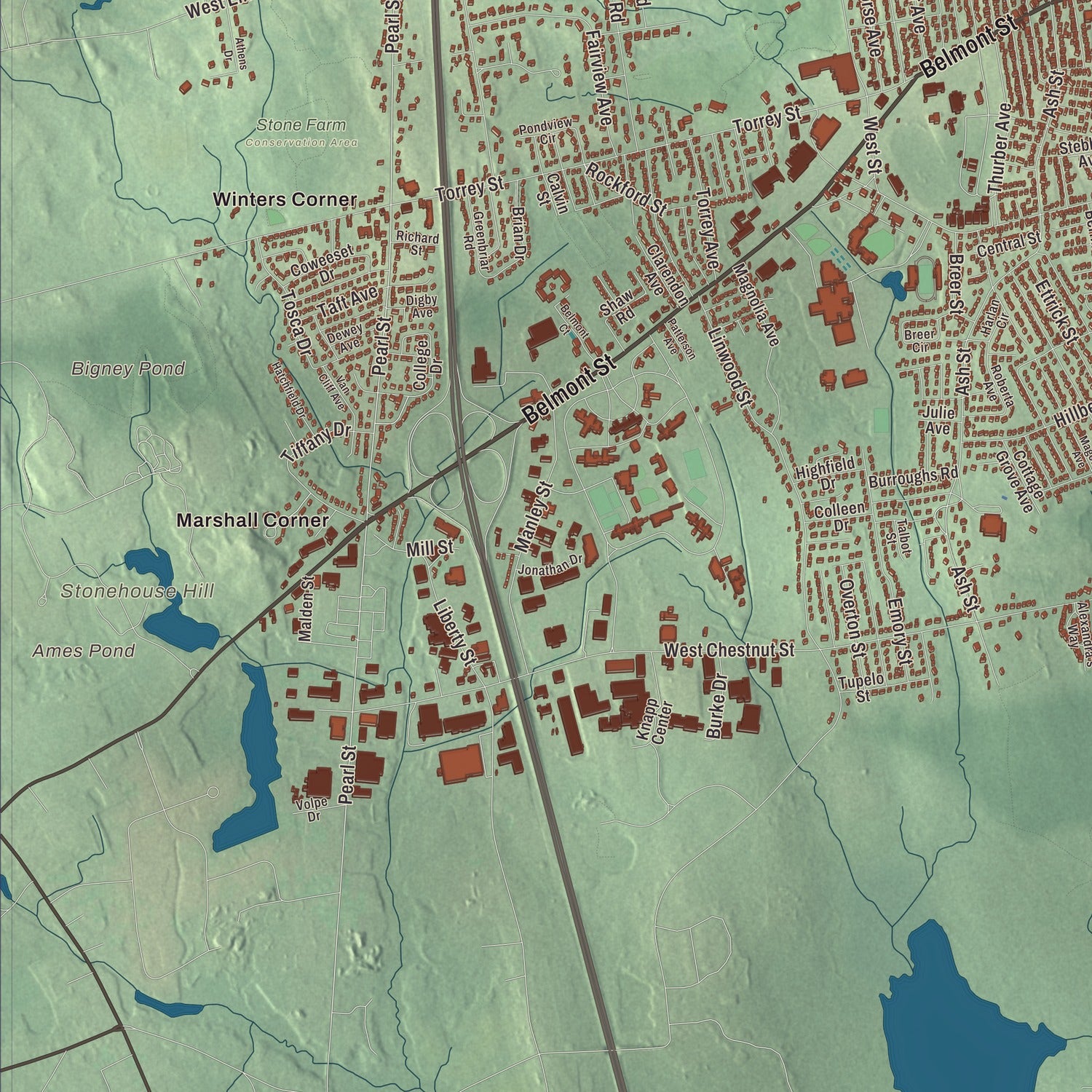 Terrain and local geography detail from the Brockton, Massachusetts map