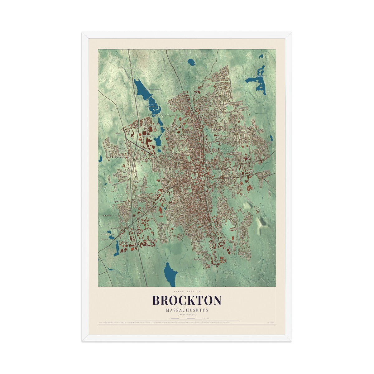 Map of Brockton, Massachusetts, 12 x 18 inch print in a white wood frame
