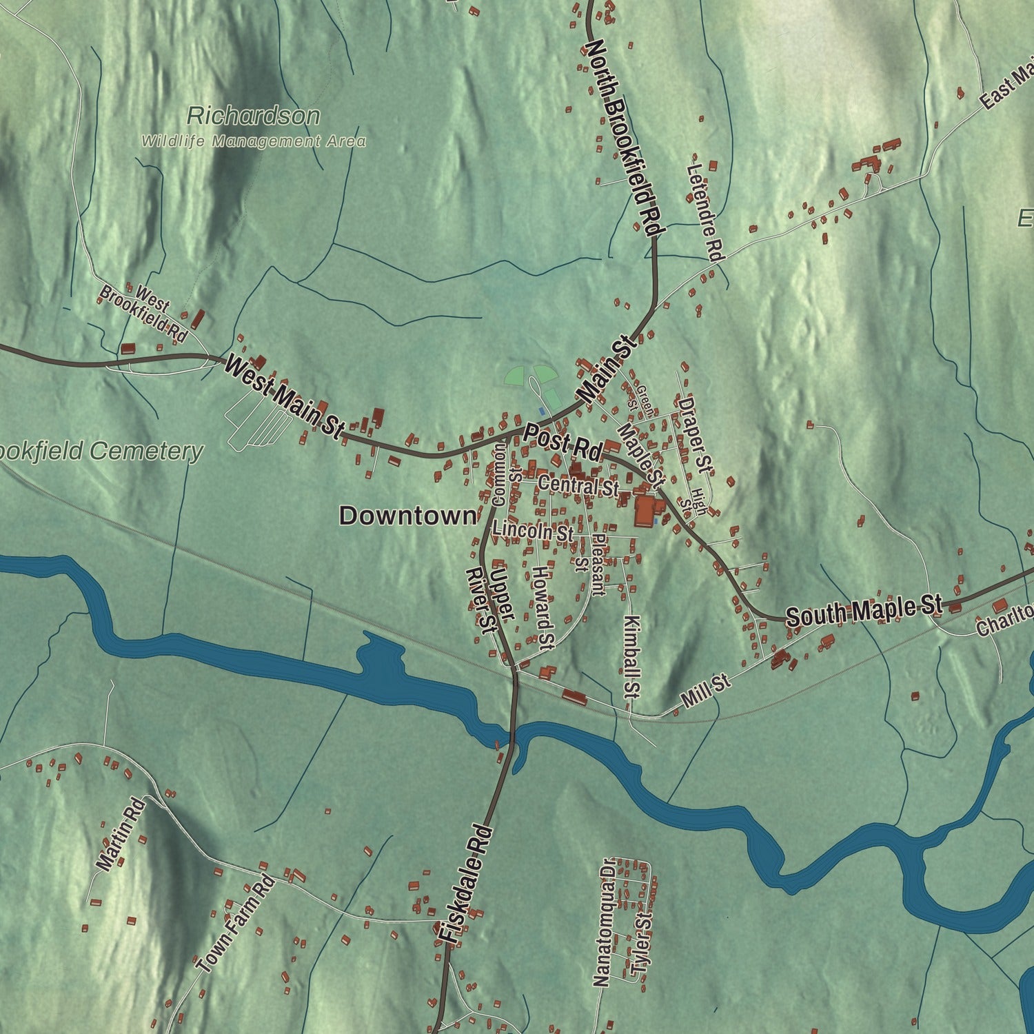 Street and neighborhood detail from the Brookfield, Massachusetts map