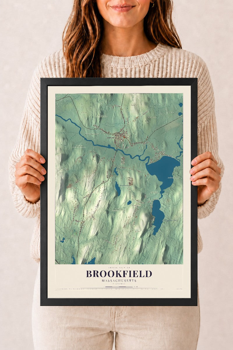 Brookfield, Massachusetts map print - 12 x 18 black Ayous wood frame