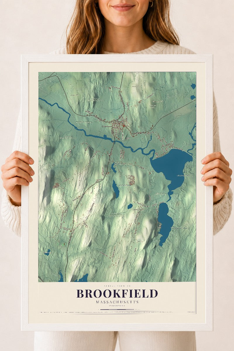 Brookfield, Massachusetts map print - 18 x 24 white Ayous wood frame