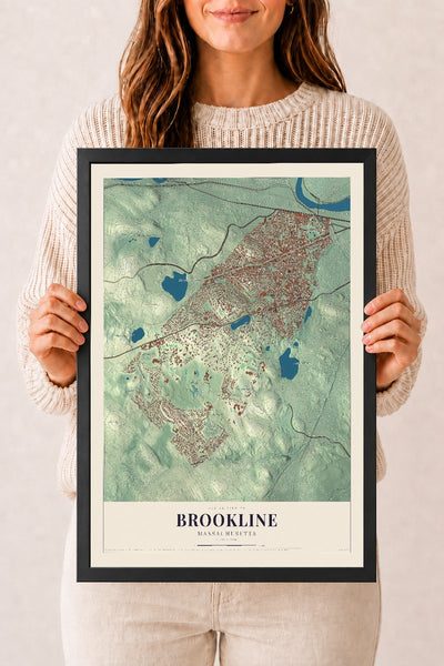 Brookline, Massachusetts map print - 12 x 18 black Ayous wood frame
