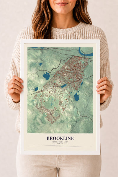 Brookline, Massachusetts map print - 12 x 18 white Ayous wood frame