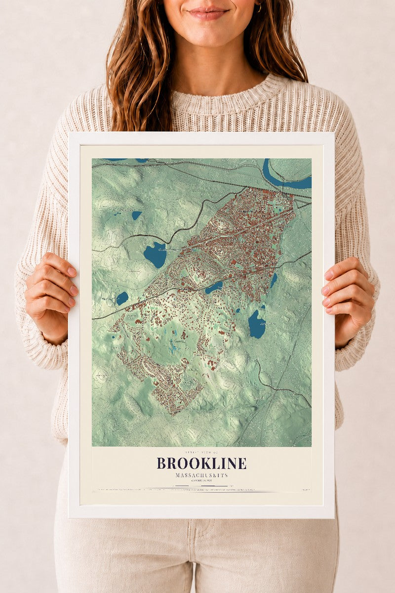 Brookline, Massachusetts map print - 12 x 18 white Ayous wood frame