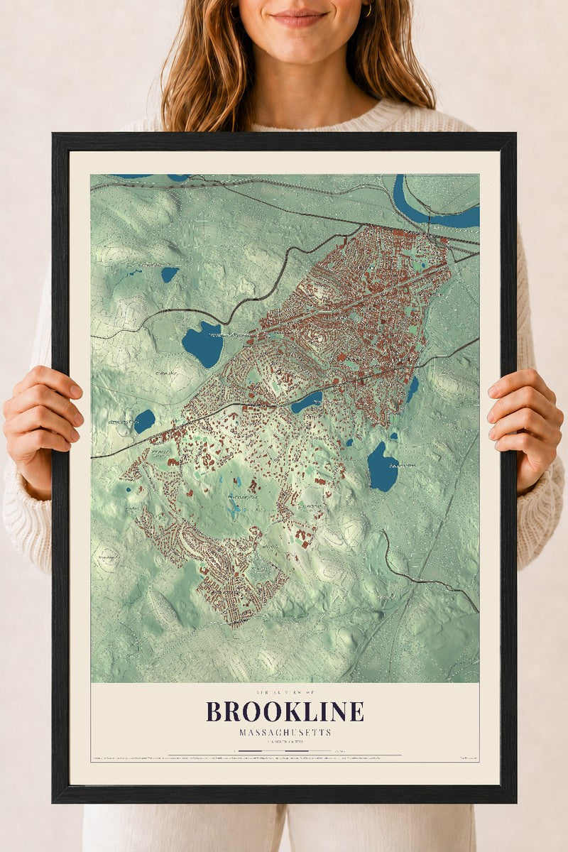 Brookline, Massachusetts map print - 18 x 24 black Ayous wood frame