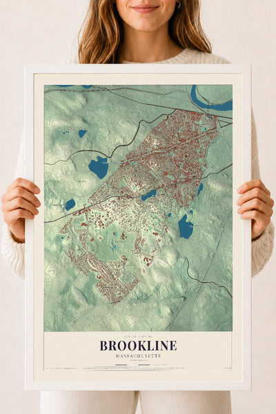 Brookline, Massachusetts map print - 18 x 24 white Ayous wood frame