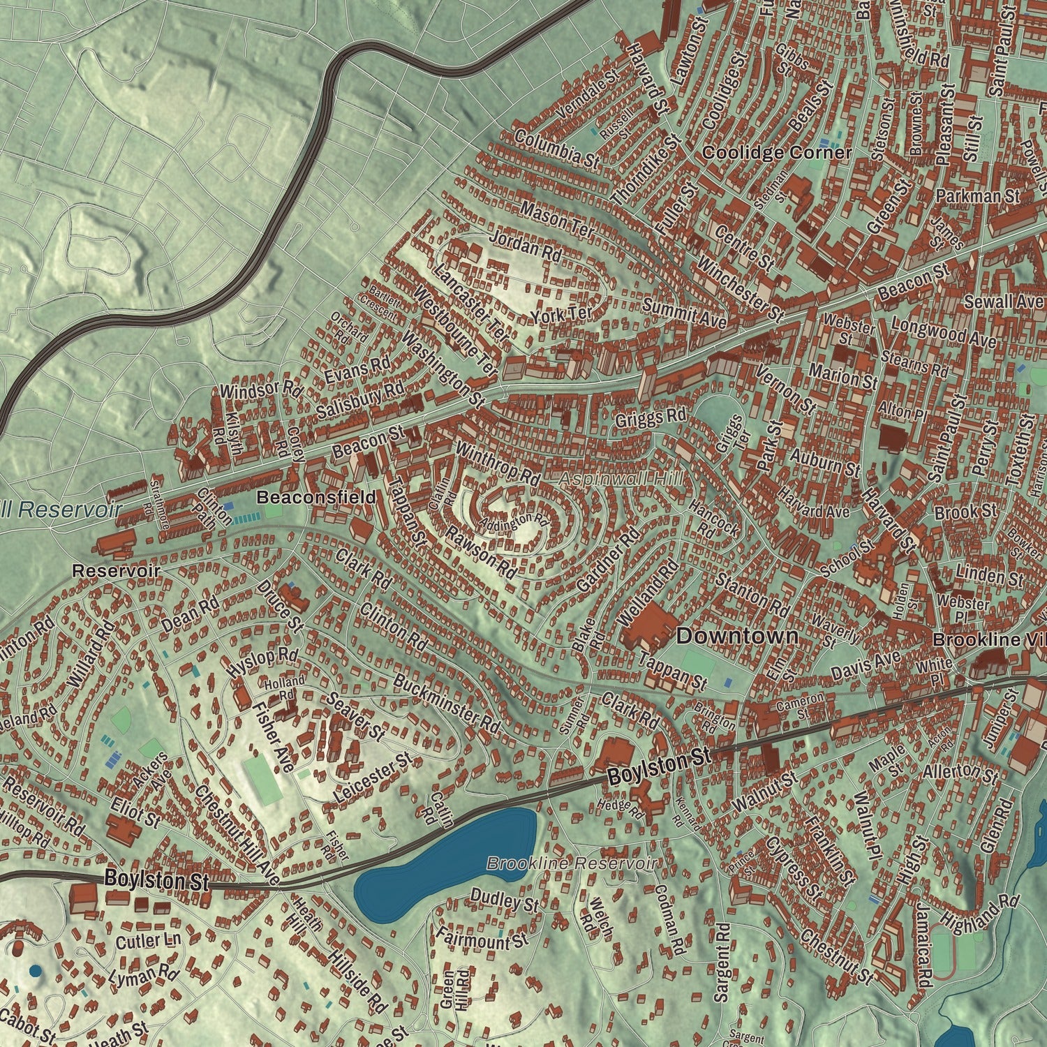 Terrain and local geography detail from the Brookline, Massachusetts map