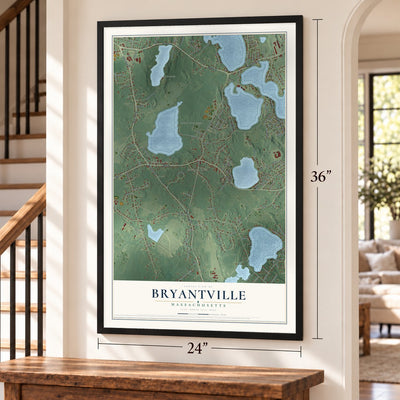 Bryantville, Massachusetts map, 24 x 36 inch print in a black frame by a staircase