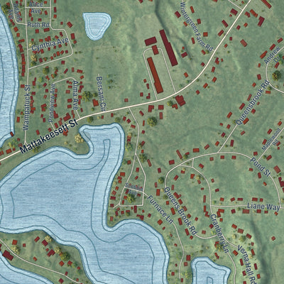 Close-up of the map of Bryantville, Massachusetts print showing street and building detail