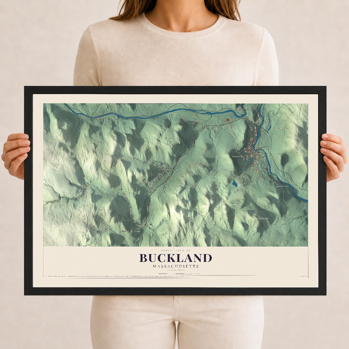 Buckland, Massachusetts map print - 12 x 18 black Ayous wood frame