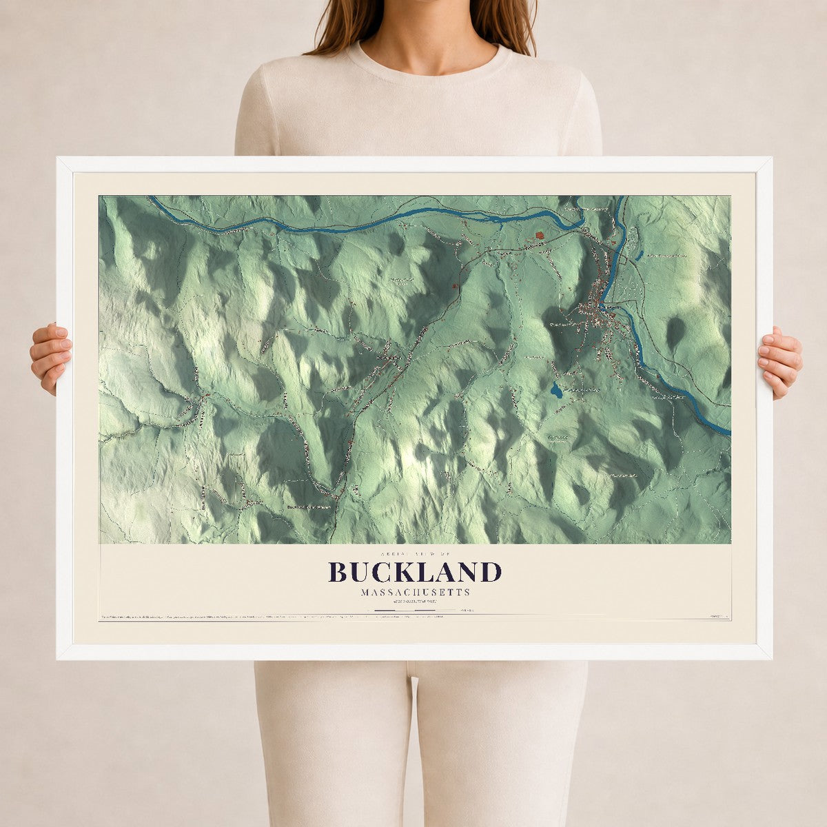 Buckland, Massachusetts map print - 24 x 36 white Ayous wood frame