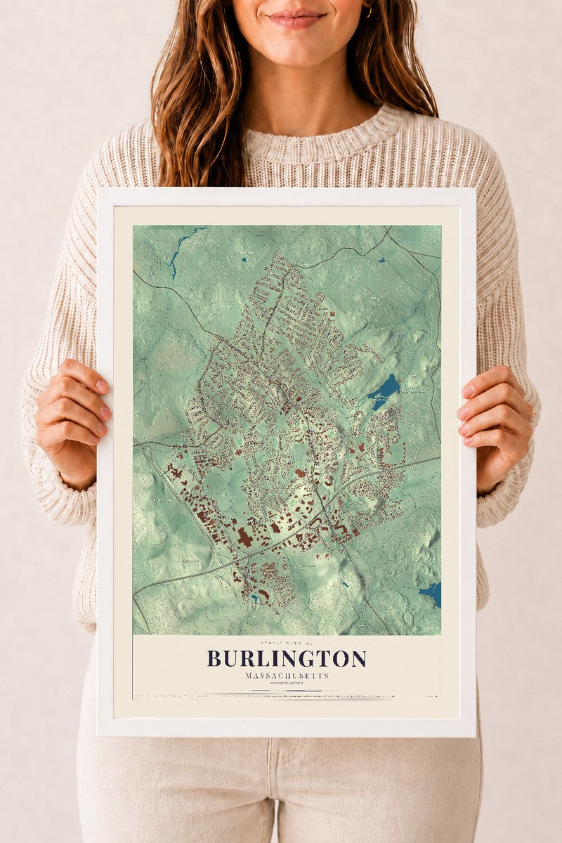 Burlington, Massachusetts map print - 12 x 18 white Ayous wood frame