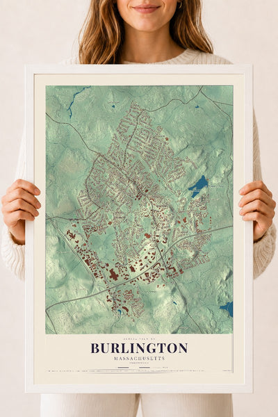 Burlington, Massachusetts map print - 18 x 24 white Ayous wood frame