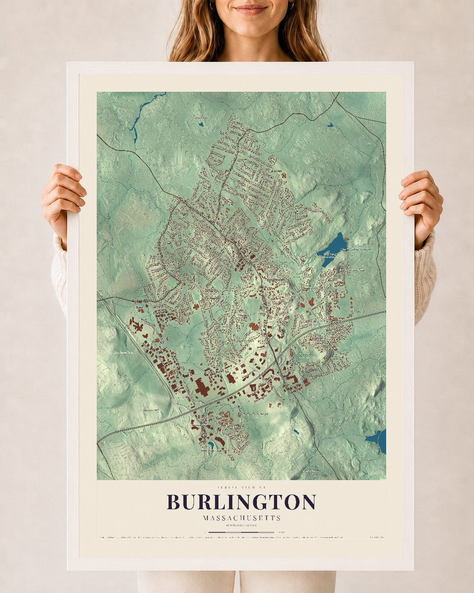 Burlington, Massachusetts map print - 24 x 36 white Ayous wood frame