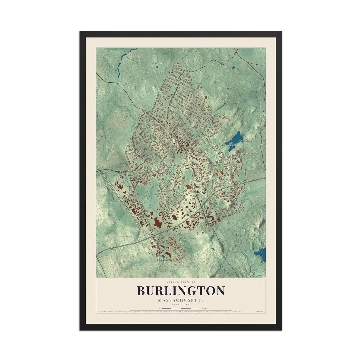 Map of Burlington, Massachusetts, 12 x 18 inch print in a black wood frame
