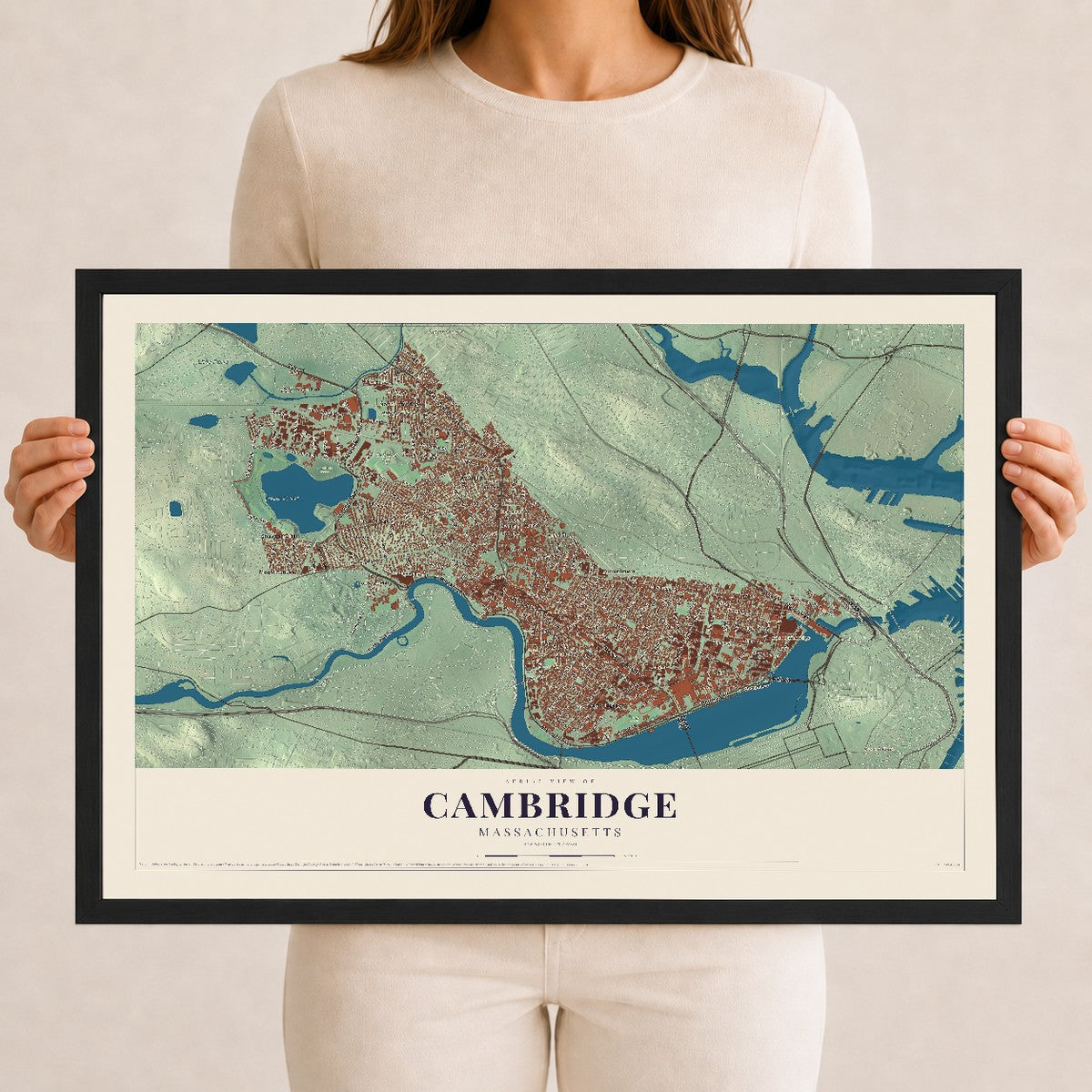Cambridge, Massachusetts map print - 12 x 18 black Ayous wood frame