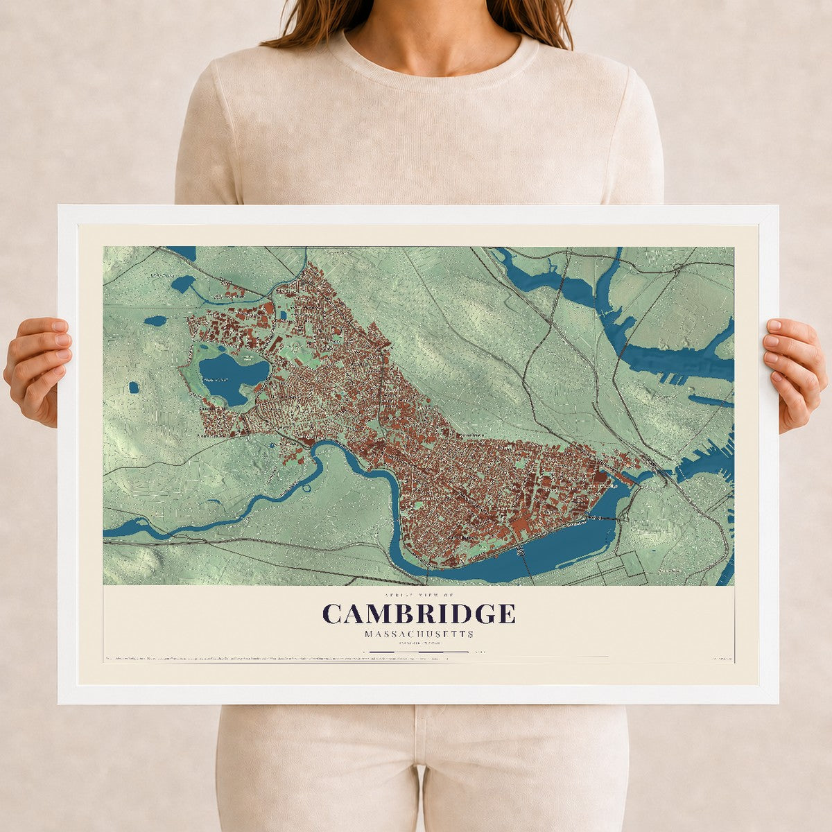Cambridge, Massachusetts map print - 12 x 18 white Ayous wood frame