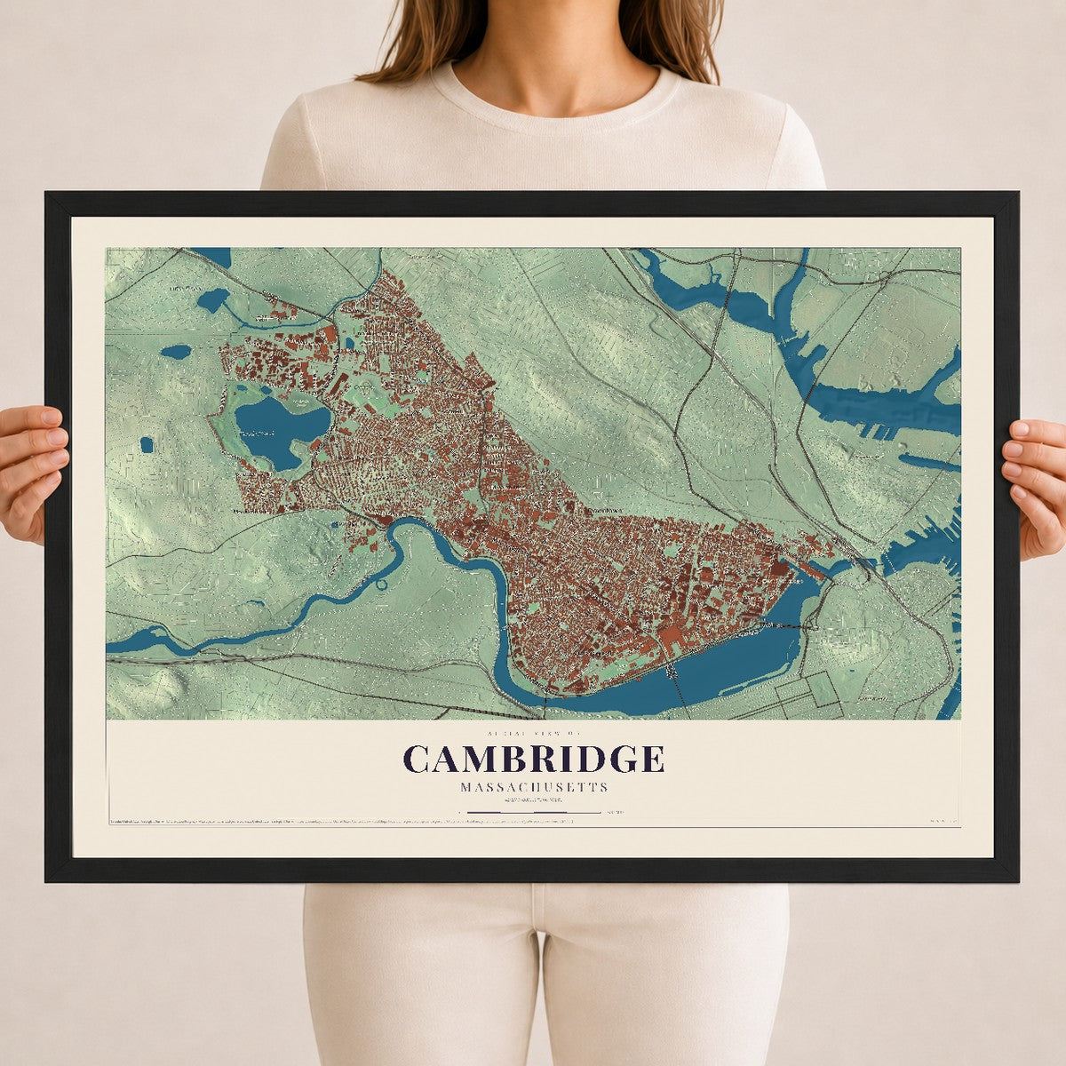 Cambridge, Massachusetts map print - 18 x 24 black Ayous wood frame