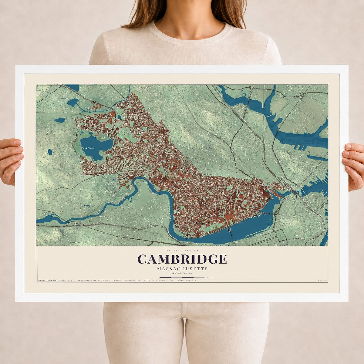 Cambridge, Massachusetts map print - 18 x 24 white Ayous wood frame
