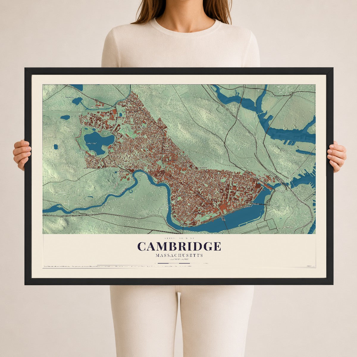 Cambridge, Massachusetts map print - 24 x 36 black Ayous wood frame