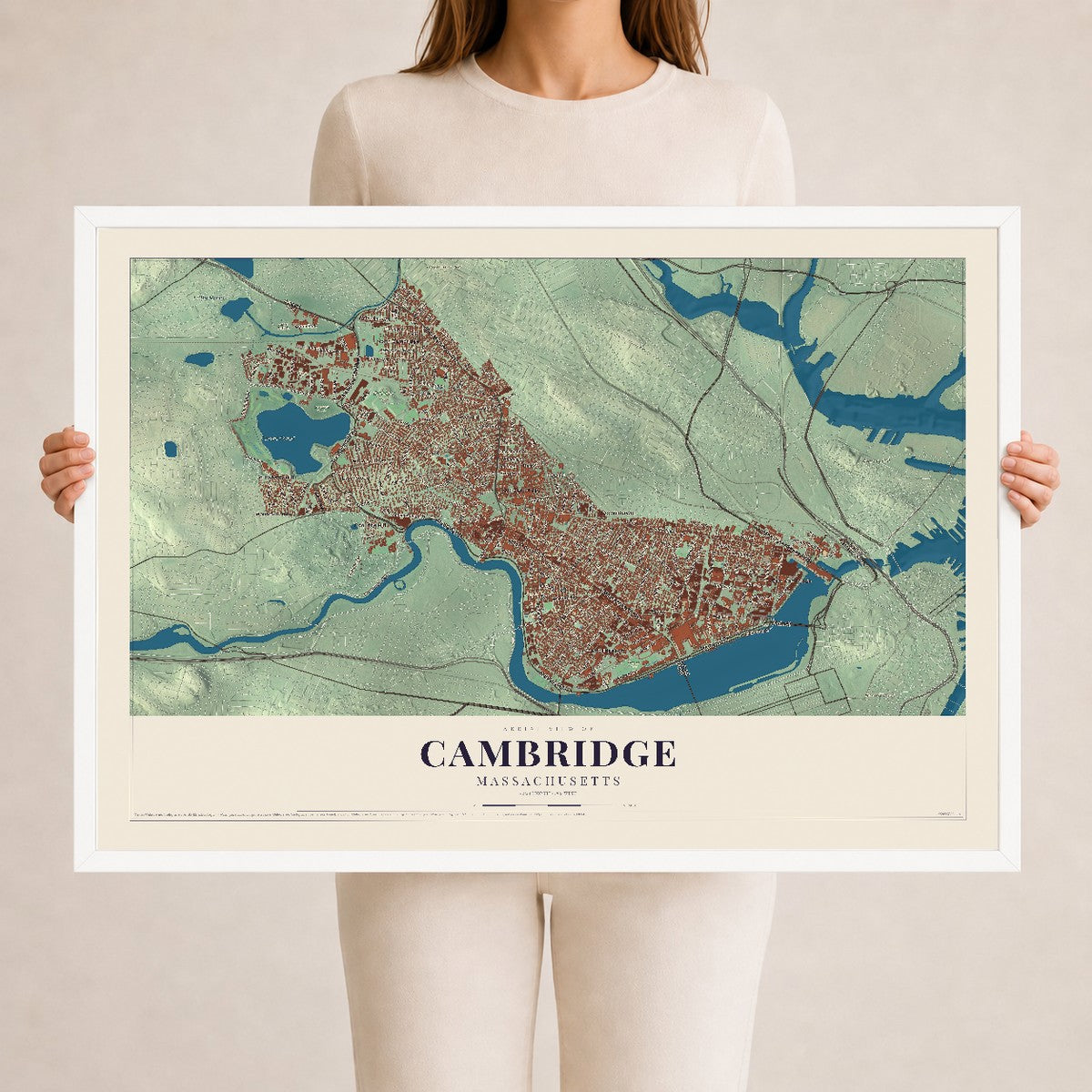 Cambridge, Massachusetts map print - 24 x 36 white Ayous wood frame