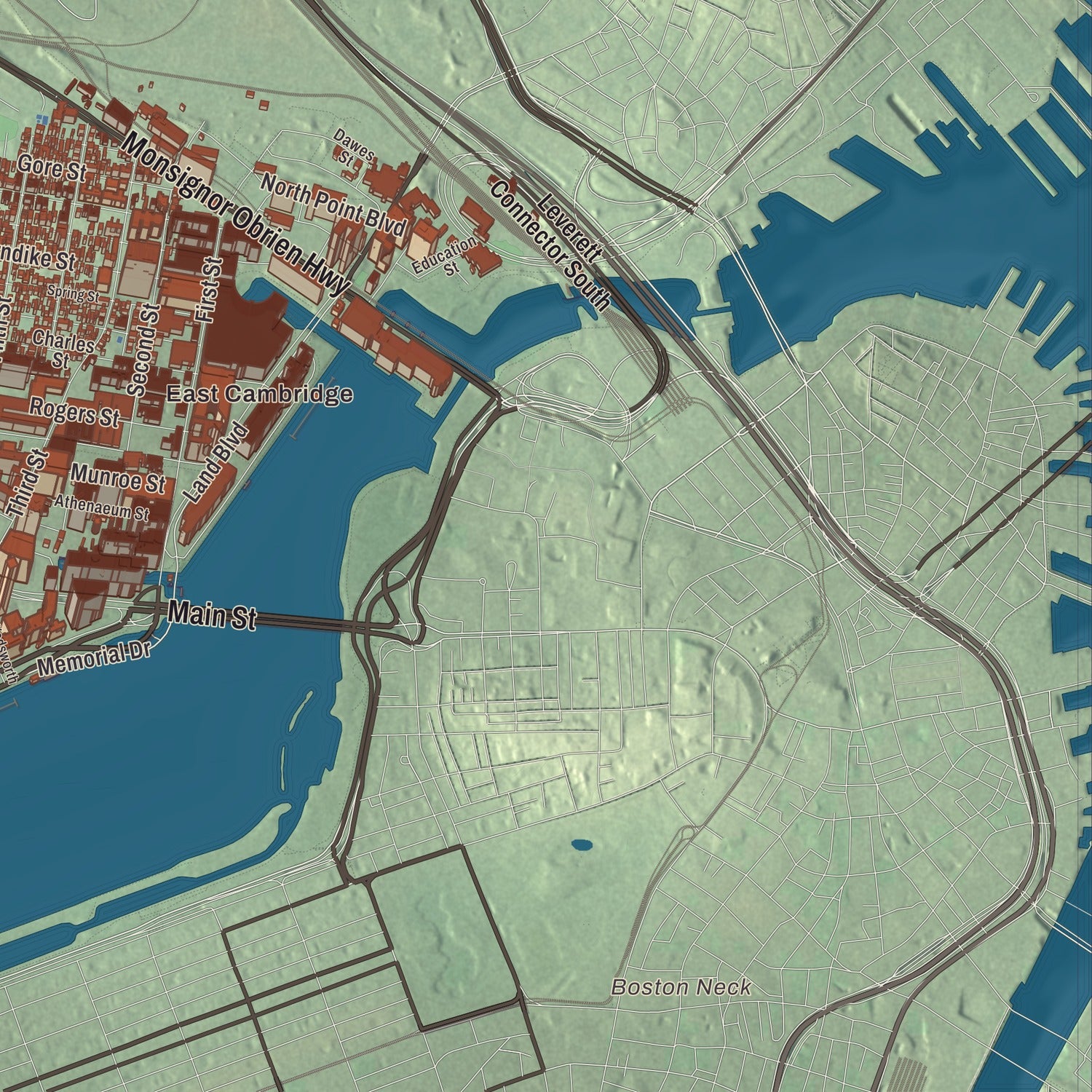 Terrain and local geography detail from the Cambridge, Massachusetts map