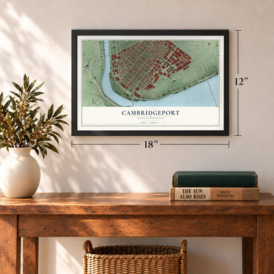 Cambridgeport, Massachusetts map, 12 x 18 inch print in a black frame in an entryway