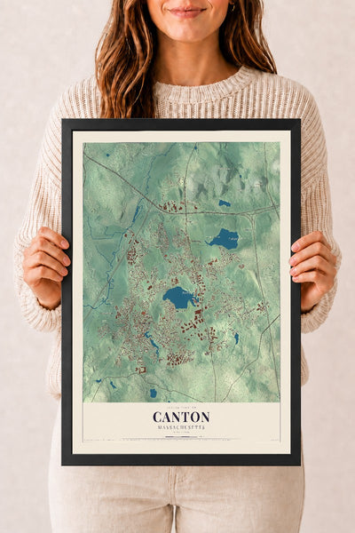 Canton, Massachusetts map print - 12 x 18 black Ayous wood frame
