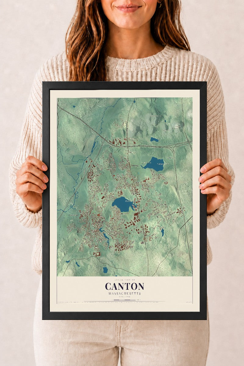 Canton, Massachusetts map print - 12 x 18 black Ayous wood frame