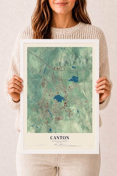 Canton, Massachusetts map print - 12 x 18 white Ayous wood frame