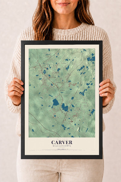 Carver, Massachusetts map print - 12 x 18 black Ayous wood frame