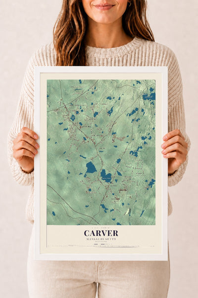 Carver, Massachusetts map print - 12 x 18 white Ayous wood frame