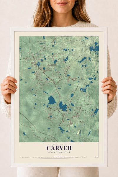 Carver, Massachusetts map print - 18 x 24 white Ayous wood frame