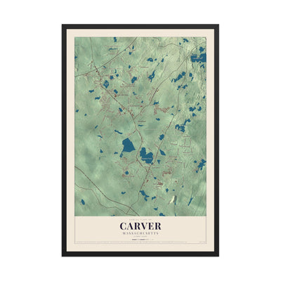 Map of Carver, Massachusetts, 12 x 18 inch print in a black wood frame
