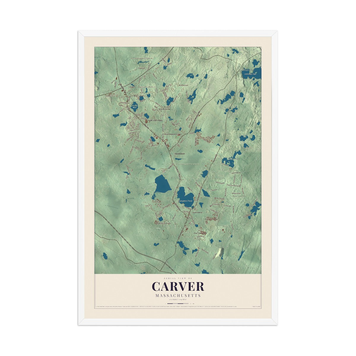 Map of Carver, Massachusetts, 12 x 18 inch print in a white wood frame