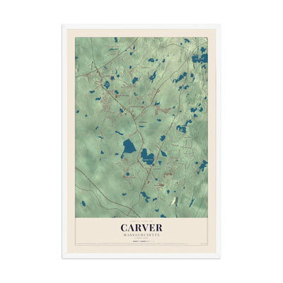 Map of Carver, Massachusetts, 12 x 18 inch print in a white wood frame