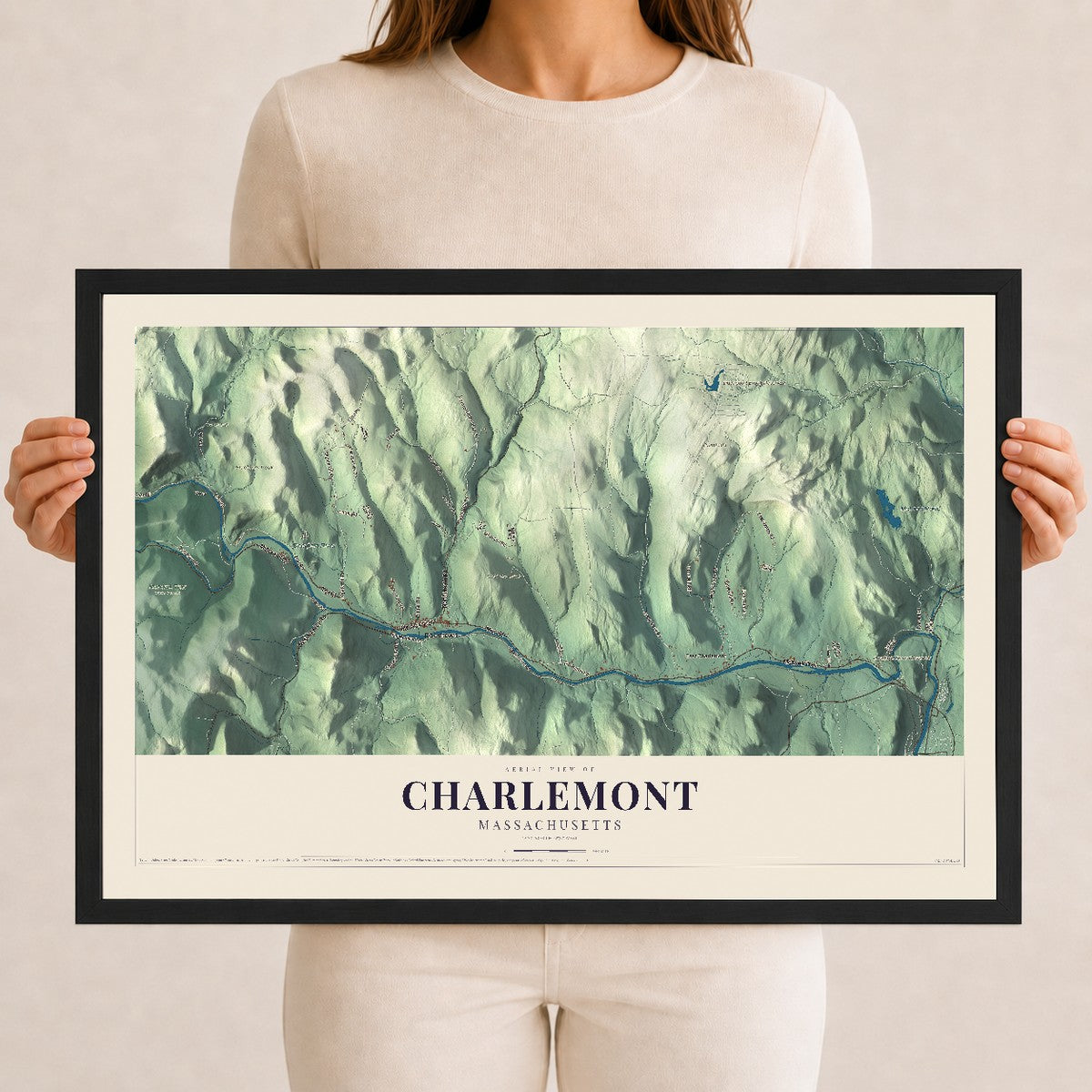 Charlemont, Massachusetts map print - 12 x 18 black Ayous wood frame
