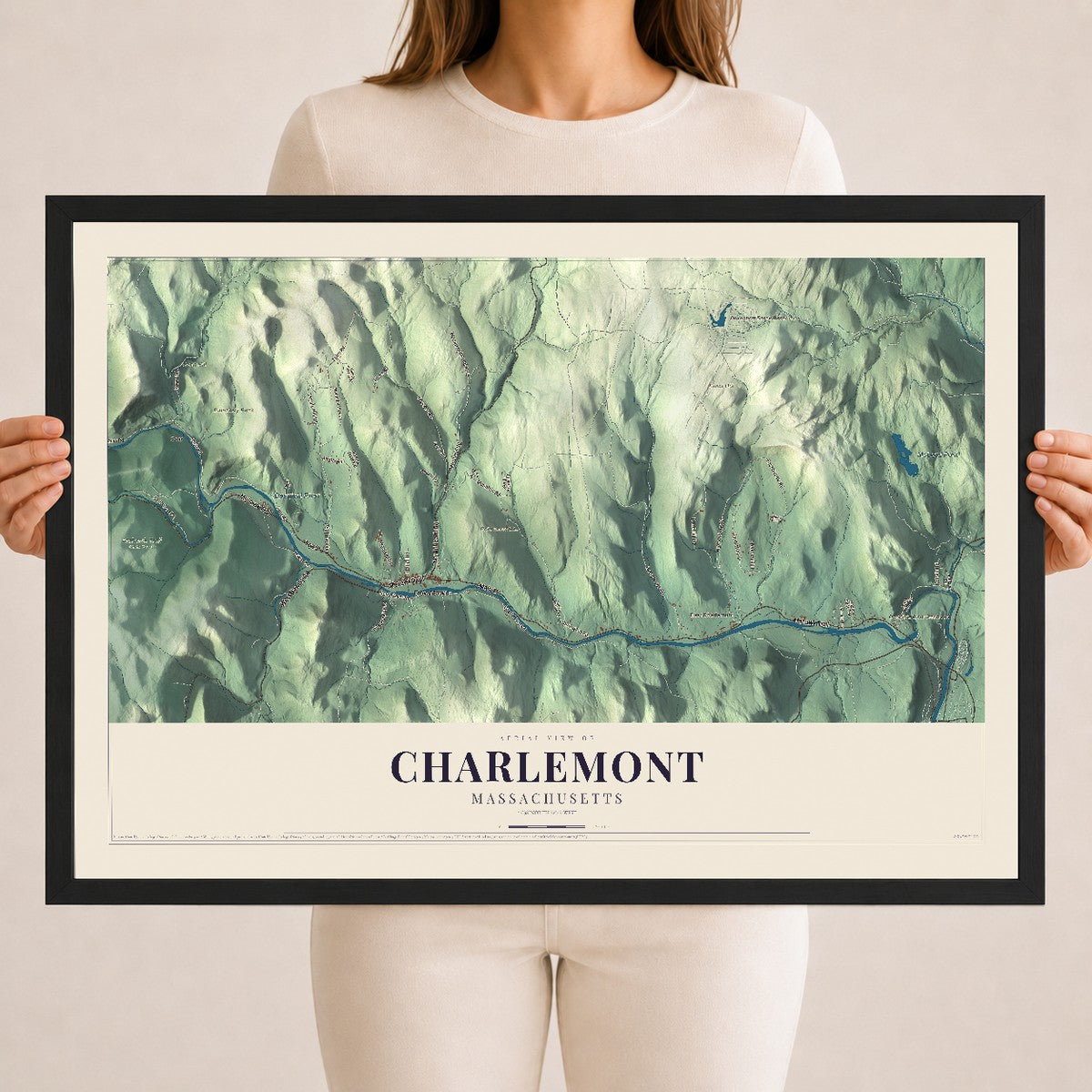 Charlemont, Massachusetts map print - 18 x 24 black Ayous wood frame