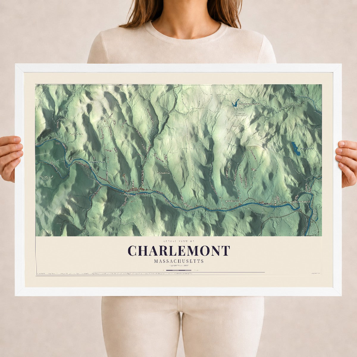 Charlemont, Massachusetts map print - 18 x 24 white Ayous wood frame