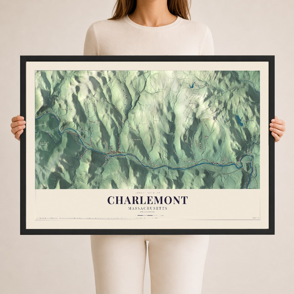 Charlemont, Massachusetts map print - 24 x 36 black Ayous wood frame