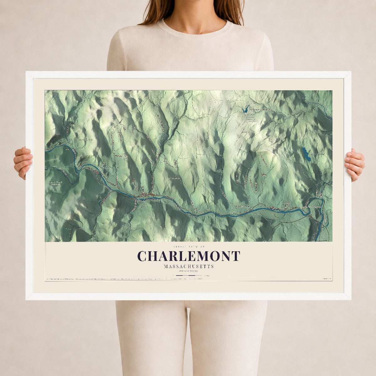 Charlemont, Massachusetts map print - 24 x 36 white Ayous wood frame