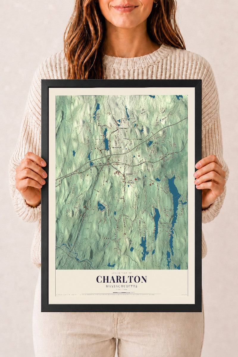 Charlton, Massachusetts map print - 12 x 18 black Ayous wood frame