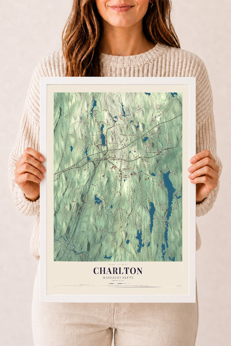 Charlton, Massachusetts map print - 12 x 18 white Ayous wood frame