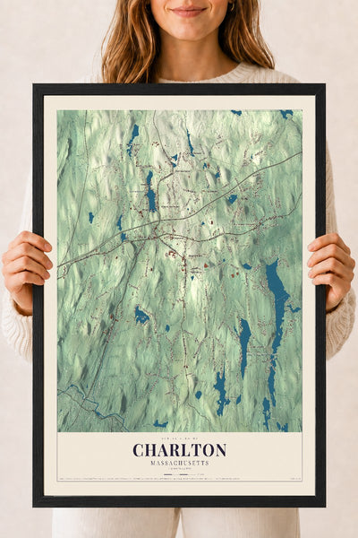 Charlton, Massachusetts map print - 18 x 24 black Ayous wood frame