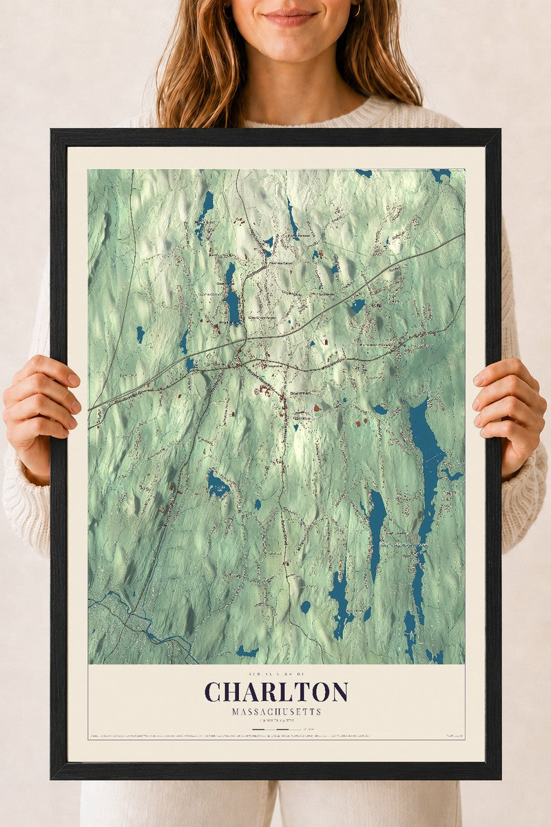 Charlton, Massachusetts map print - 18 x 24 black Ayous wood frame