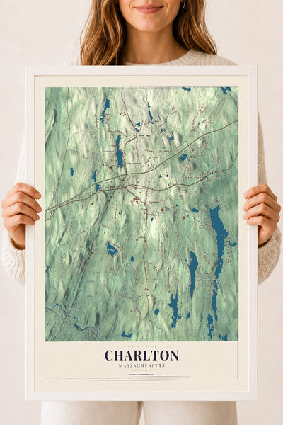 Charlton, Massachusetts map print - 18 x 24 white Ayous wood frame
