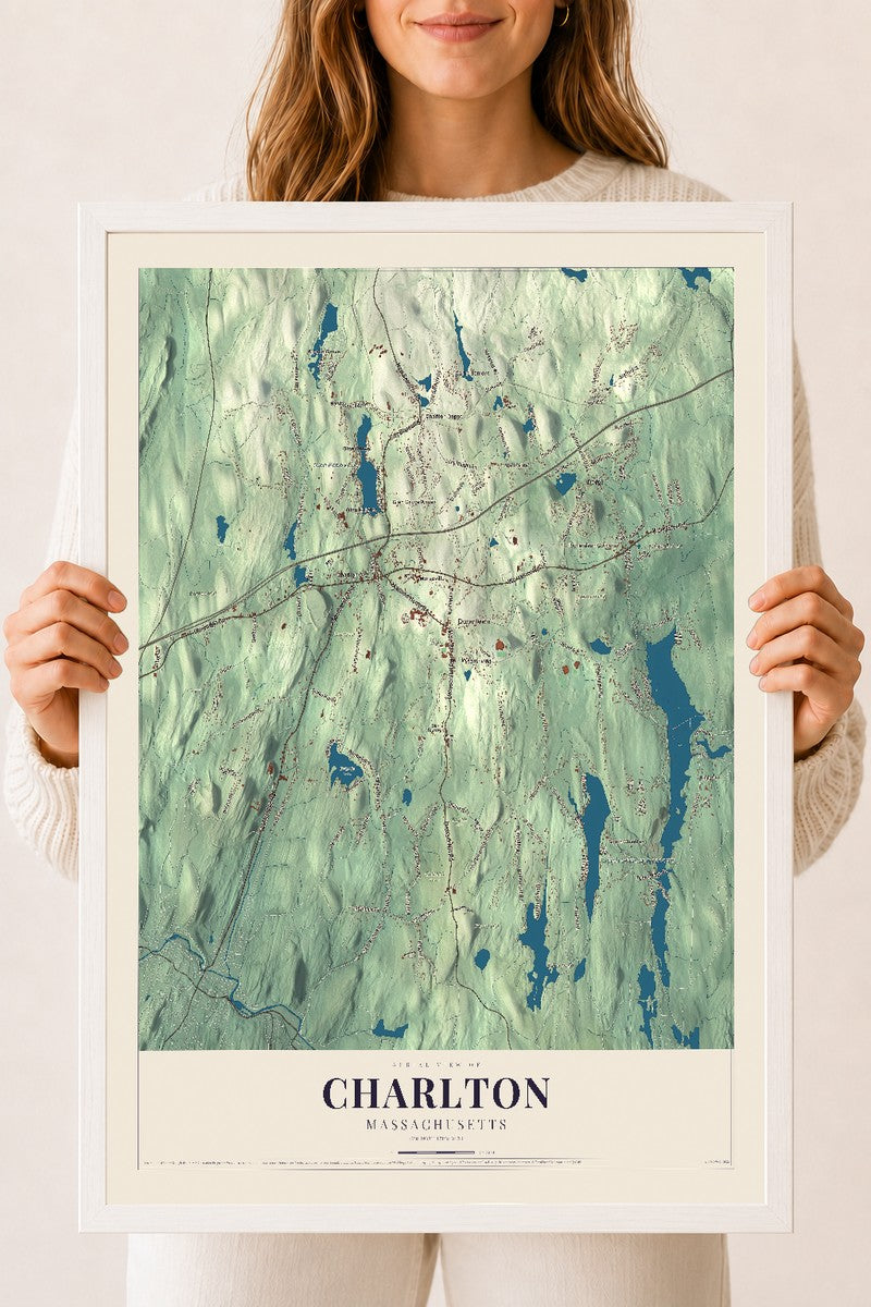 Charlton, Massachusetts map print - 18 x 24 white Ayous wood frame