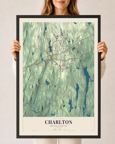 Charlton, Massachusetts map print - 24 x 36 black Ayous wood frame